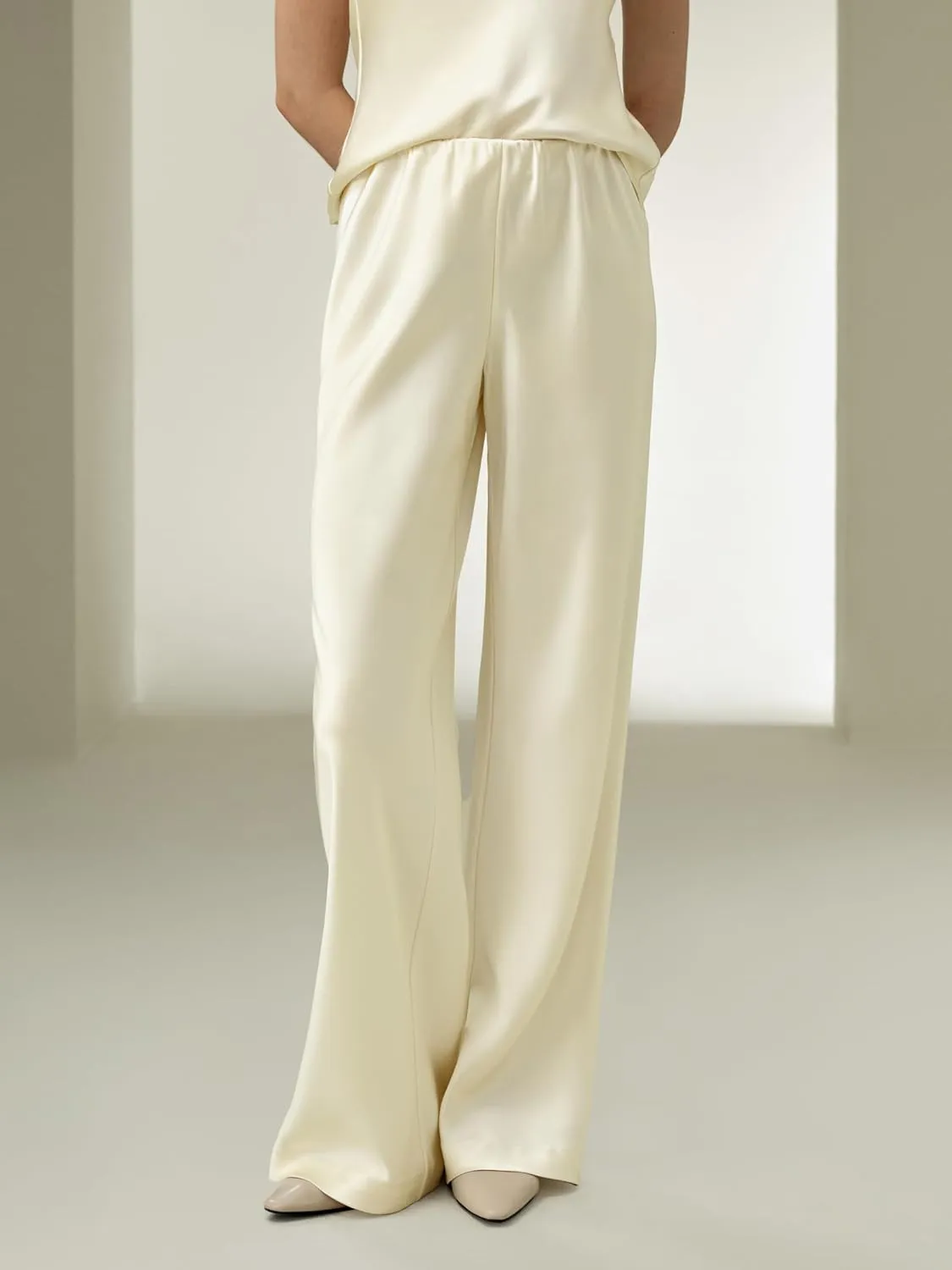 LilySilk Double-Faced Silk Charmeuse Pants for Women Dressy Oversized Wide Leg Full Length Draped Silk Trousers