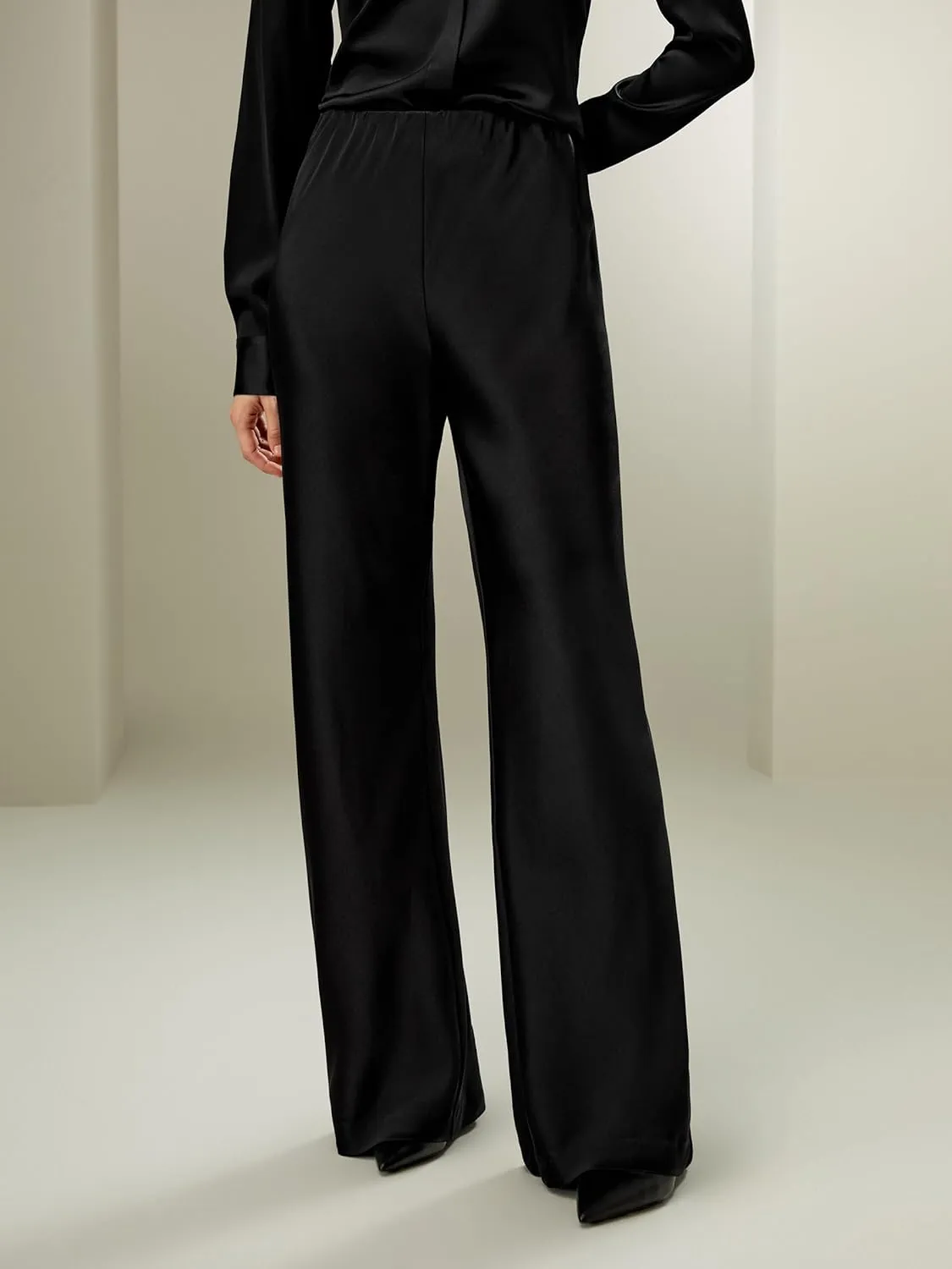 LilySilk Double-Faced Silk Charmeuse Pants for Women Dressy Oversized Wide Leg Full Length Draped Silk Trousers