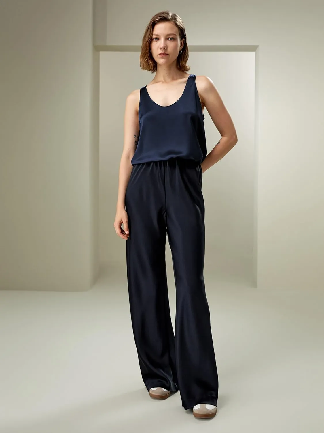 LilySilk Double-Faced Silk Charmeuse Pants for Women Dressy Oversized Wide Leg Full Length Draped Silk Trousers