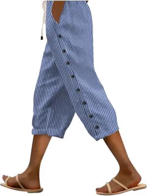 Linen Capri Pants for Women Casual Summer Lightweight Capris High Waist Drawstring Cropped Pants Side Button Trousers