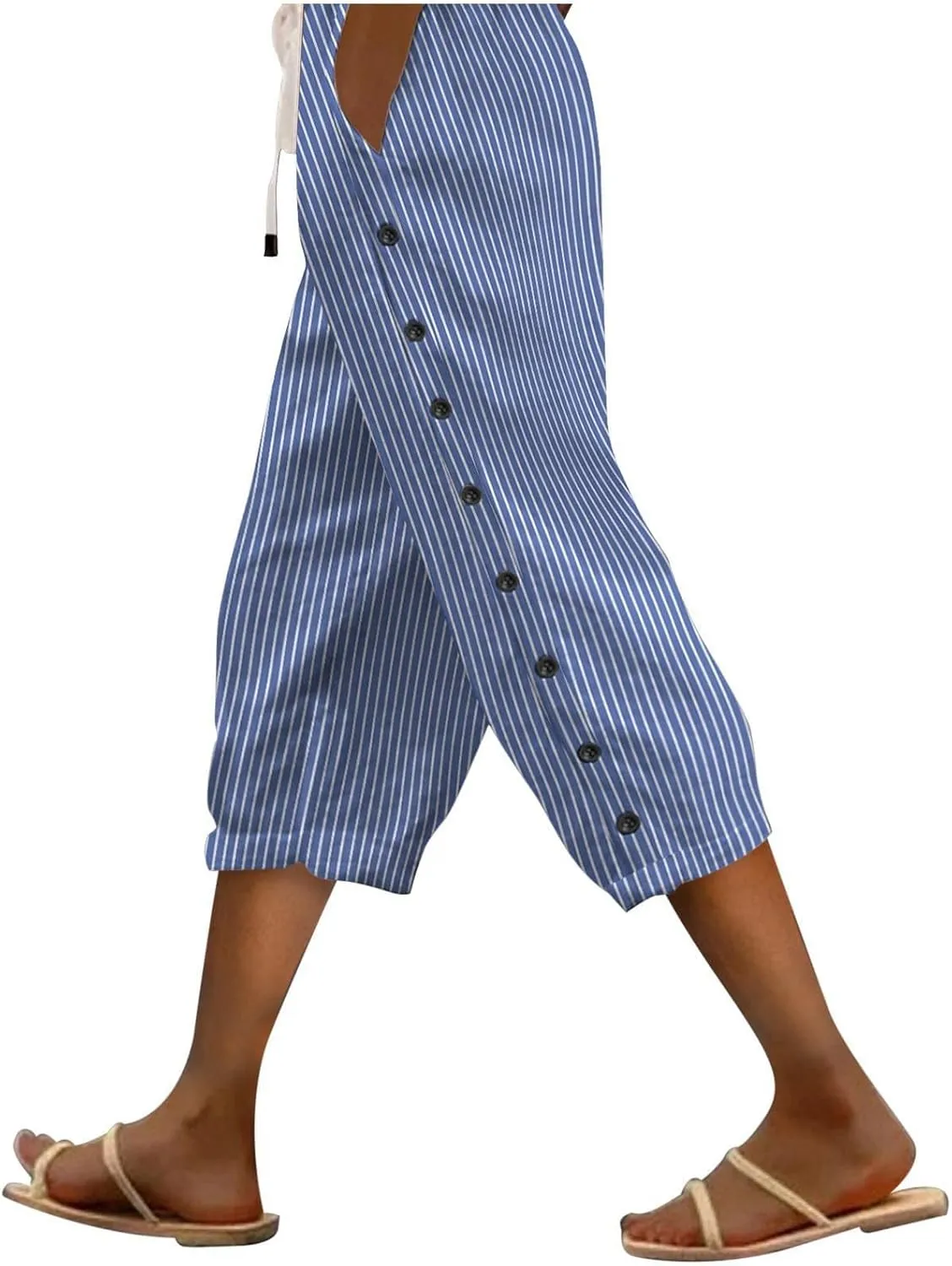 Linen Capri Pants for Women Casual Summer Lightweight Capris High Waist Drawstring Cropped Pants Side Button Trousers