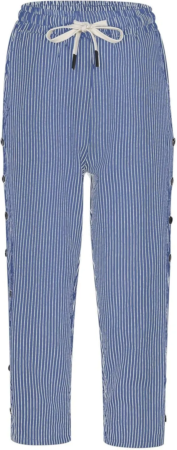 Linen Capri Pants for Women Casual Summer Lightweight Capris High Waist Drawstring Cropped Pants Side Button Trousers