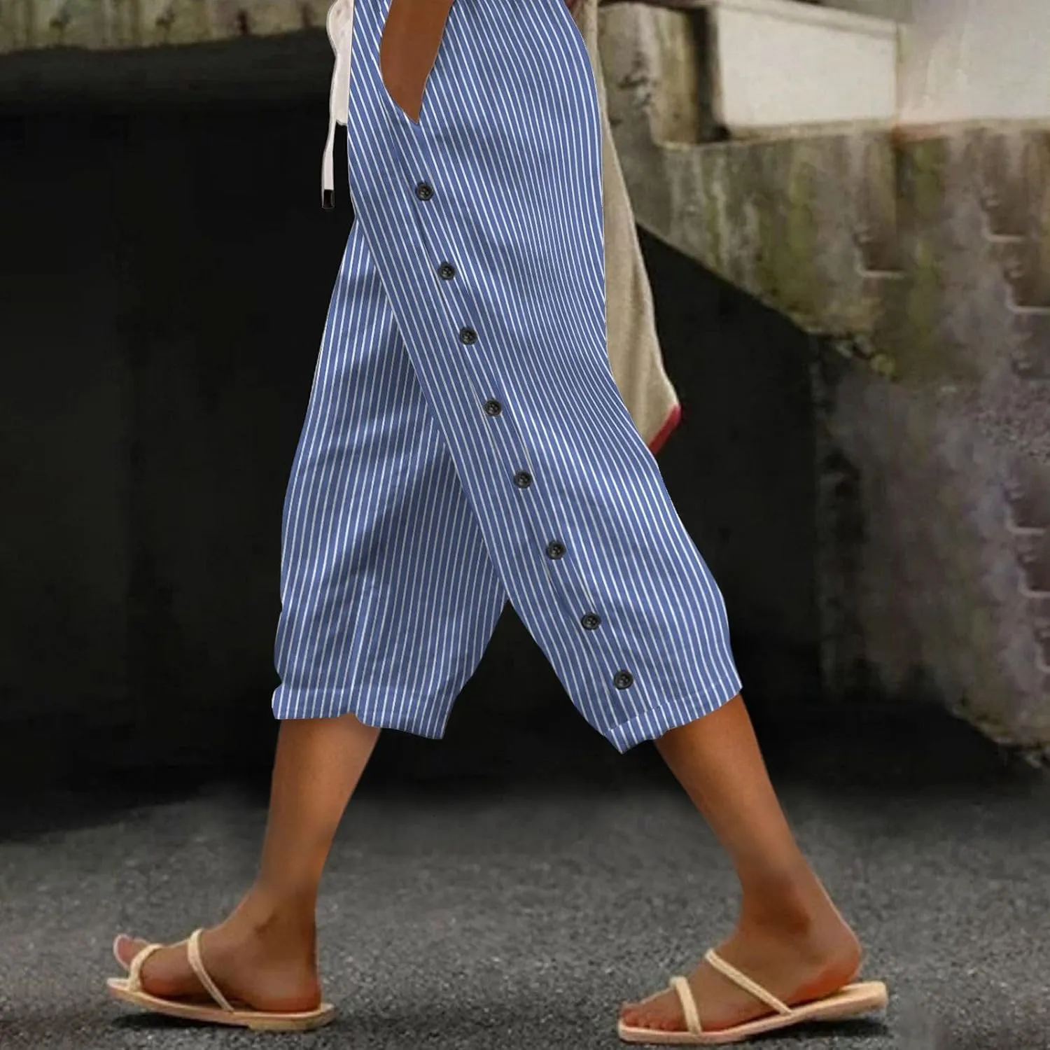 Linen Capri Pants for Women Casual Summer Lightweight Capris High Waist Drawstring Cropped Pants Side Button Trousers