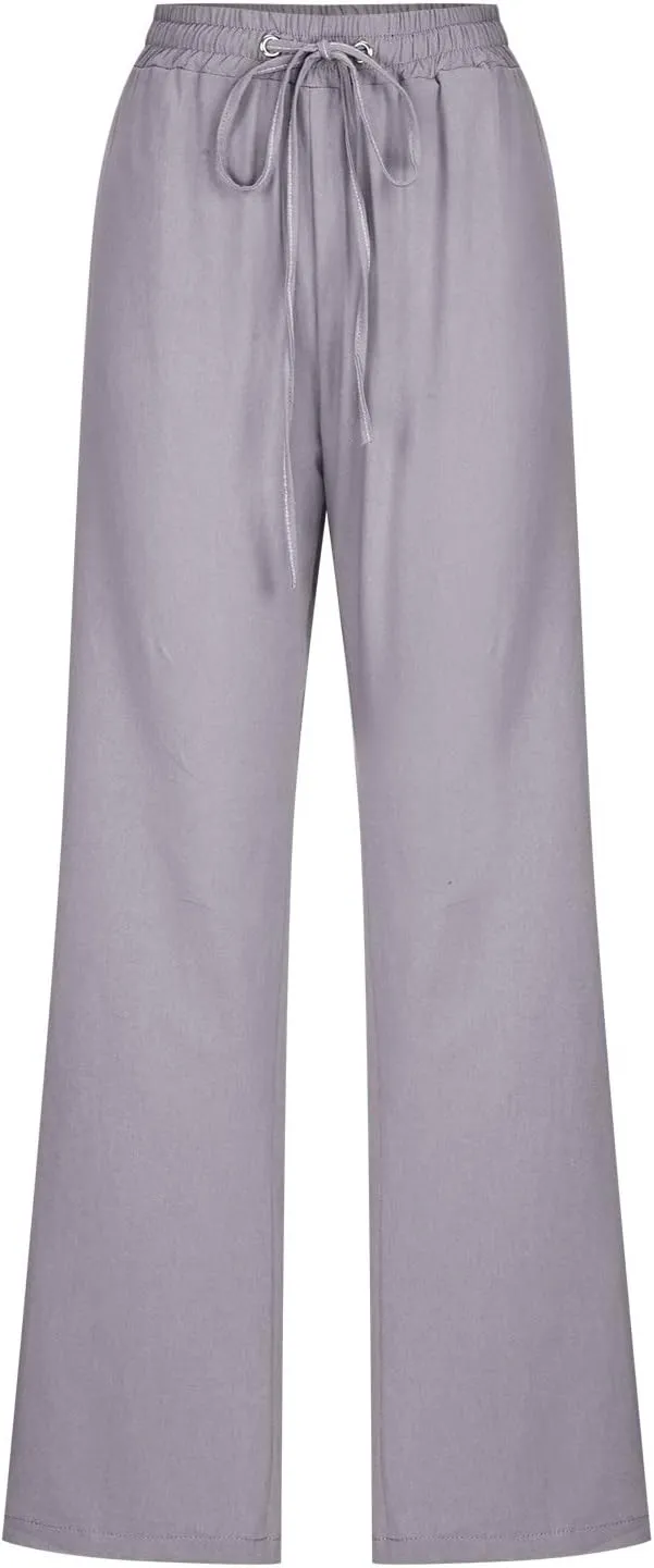 Linen Pants for Women 2024 Summer Casual Drawstring Elastic High Waist Pants Wide Leg Long Trouser with Pockets