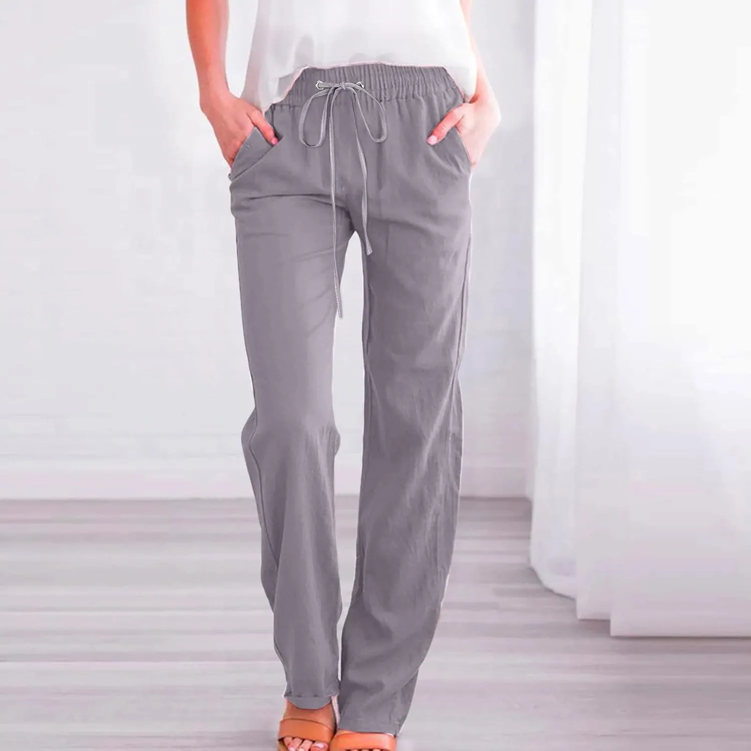 Linen Pants for Women 2024 Summer Casual Drawstring Elastic High Waist Pants Wide Leg Long Trouser with Pockets