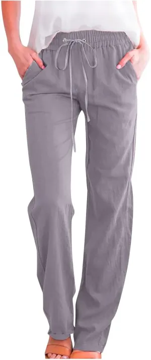 Linen Pants for Women 2024 Summer Casual Drawstring Elastic High Waist Pants Wide Leg Long Trouser with Pockets