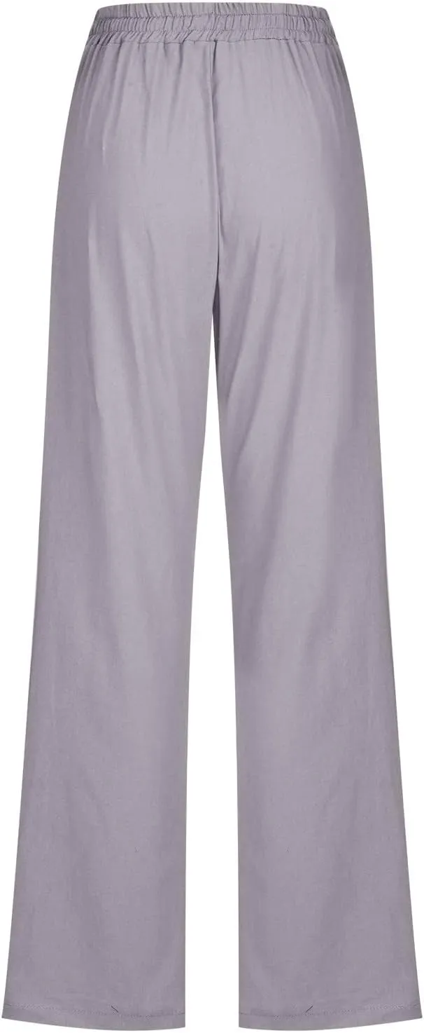 Linen Pants for Women 2024 Summer Casual Drawstring Elastic High Waist Pants Wide Leg Long Trouser with Pockets