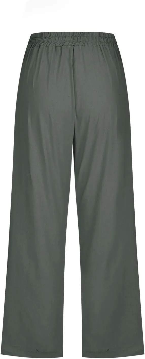 Linen Pants for Women 2025 Summer Capri Pant Trendy Drawstring Elastic Waist Cropped Trouser Comy Cotton Pants