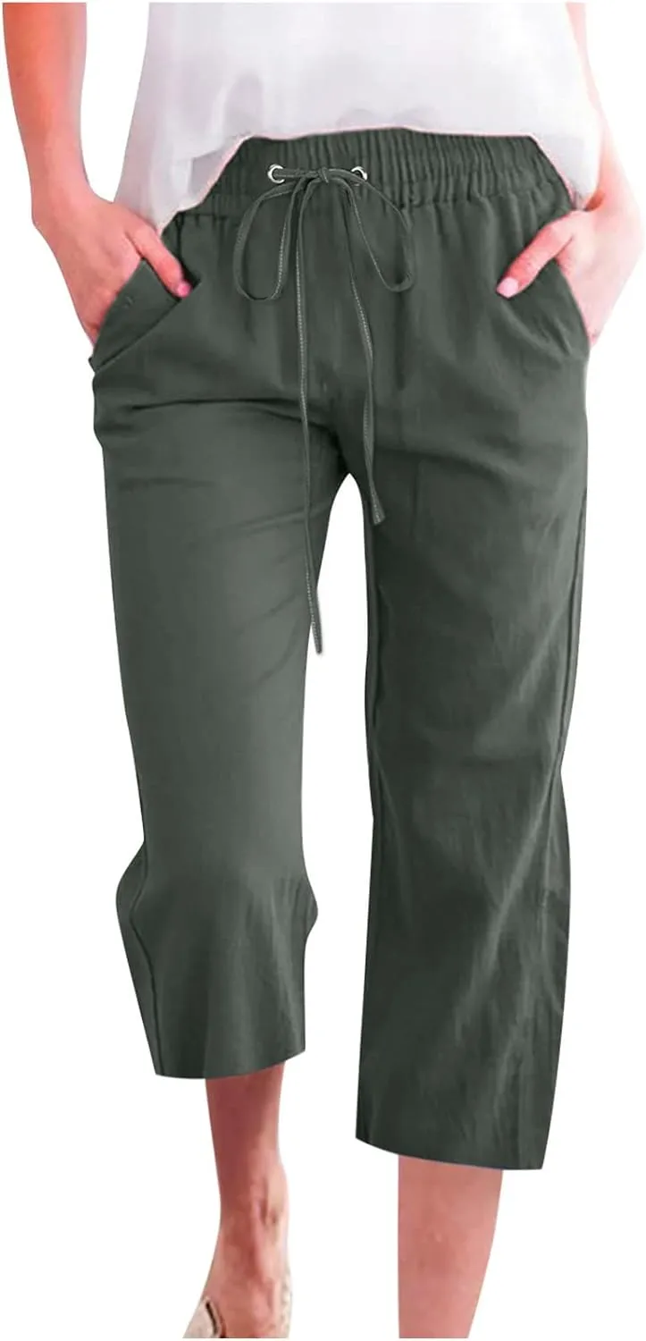 Linen Pants for Women 2025 Summer Capri Pant Trendy Drawstring Elastic Waist Cropped Trouser Comy Cotton Pants