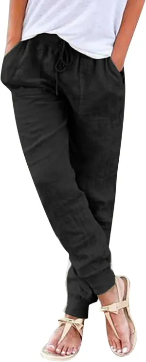 Linen Pants for Women Casual 2024 Summer Drawstring Elastic High Waist Palazzo Pants Straight Wide Leg Lounge