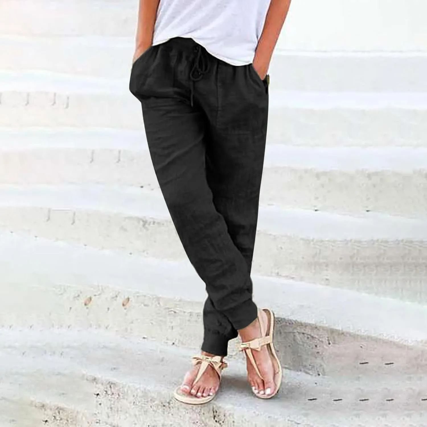 Linen Pants for Women Casual 2024 Summer Drawstring Elastic High Waist Palazzo Pants Straight Wide Leg Lounge
