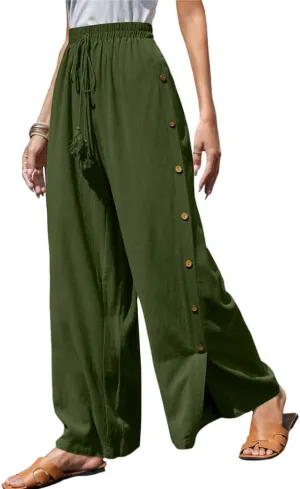 Linen Pants for Women Summer Trendy High Side Split Snap Button Pants Womens Wide Leg Beach Pants S-3XL