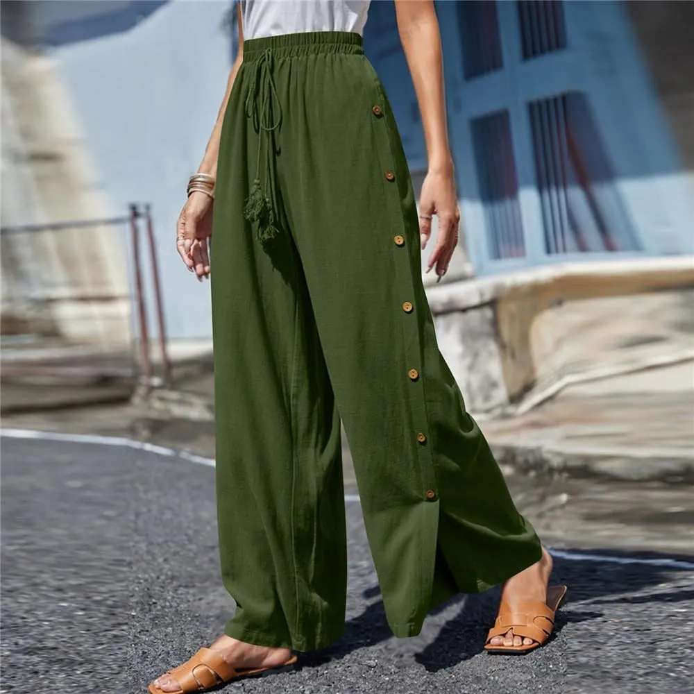 Linen Pants for Women Summer Trendy High Side Split Snap Button Pants Womens Wide Leg Beach Pants S-3XL