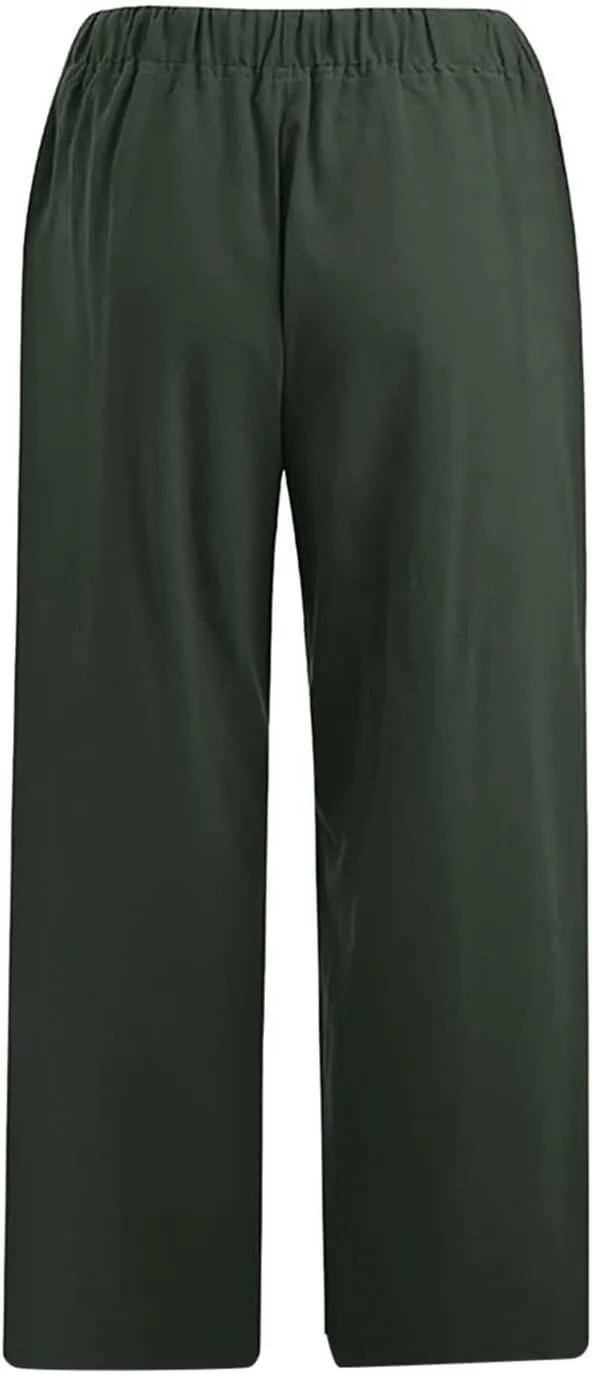 Linen Pants Women Summer Casual 2025 Capri Pants Drawstring Elastic High Waist Cropped Trousers with Pockets