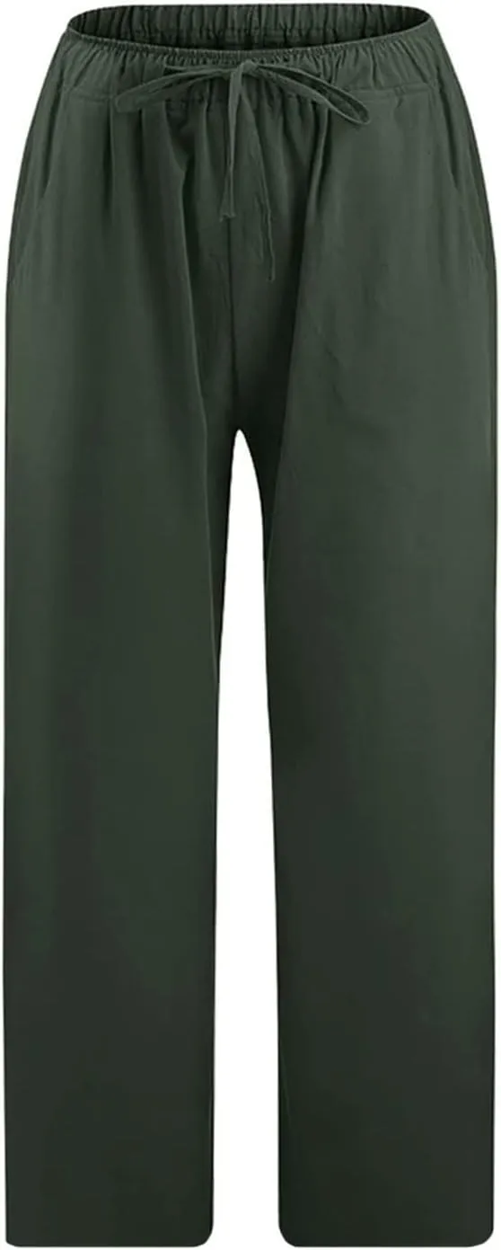 Linen Pants Women Summer Casual 2025 Capri Pants Drawstring Elastic High Waist Cropped Trousers with Pockets