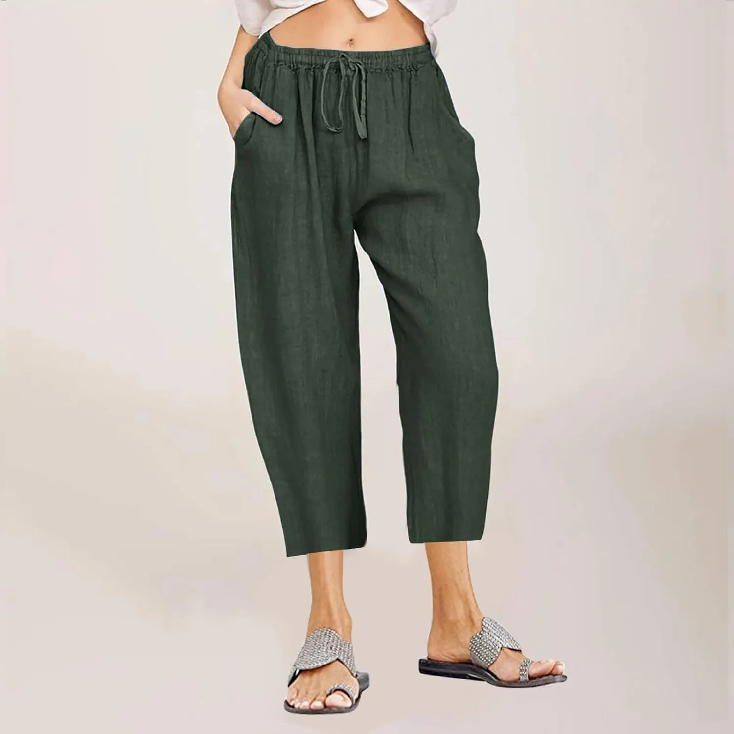 Linen Pants Women Summer Casual 2025 Capri Pants Drawstring Elastic High Waist Cropped Trousers with Pockets