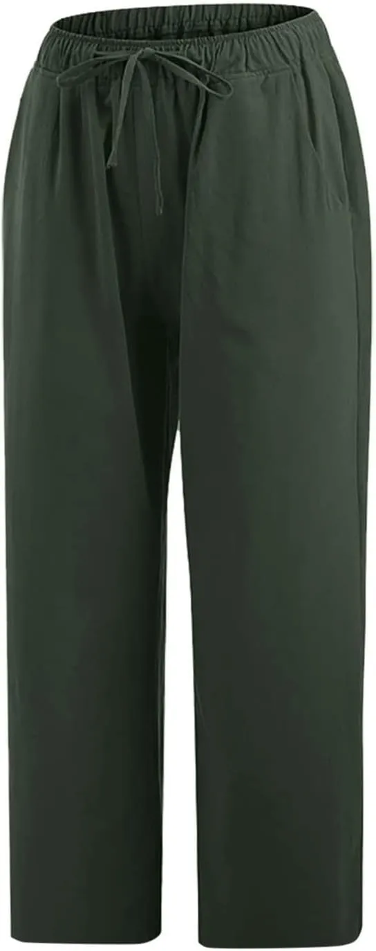 Linen Pants Women Summer Casual 2025 Capri Pants Drawstring Elastic High Waist Cropped Trousers with Pockets