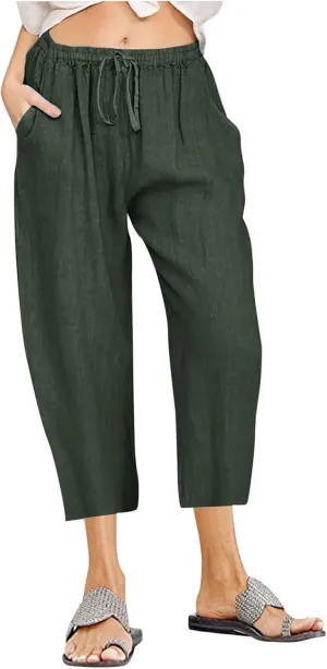 Linen Pants Women Summer Casual 2025 Capri Pants Drawstring Elastic High Waist Cropped Trousers with Pockets