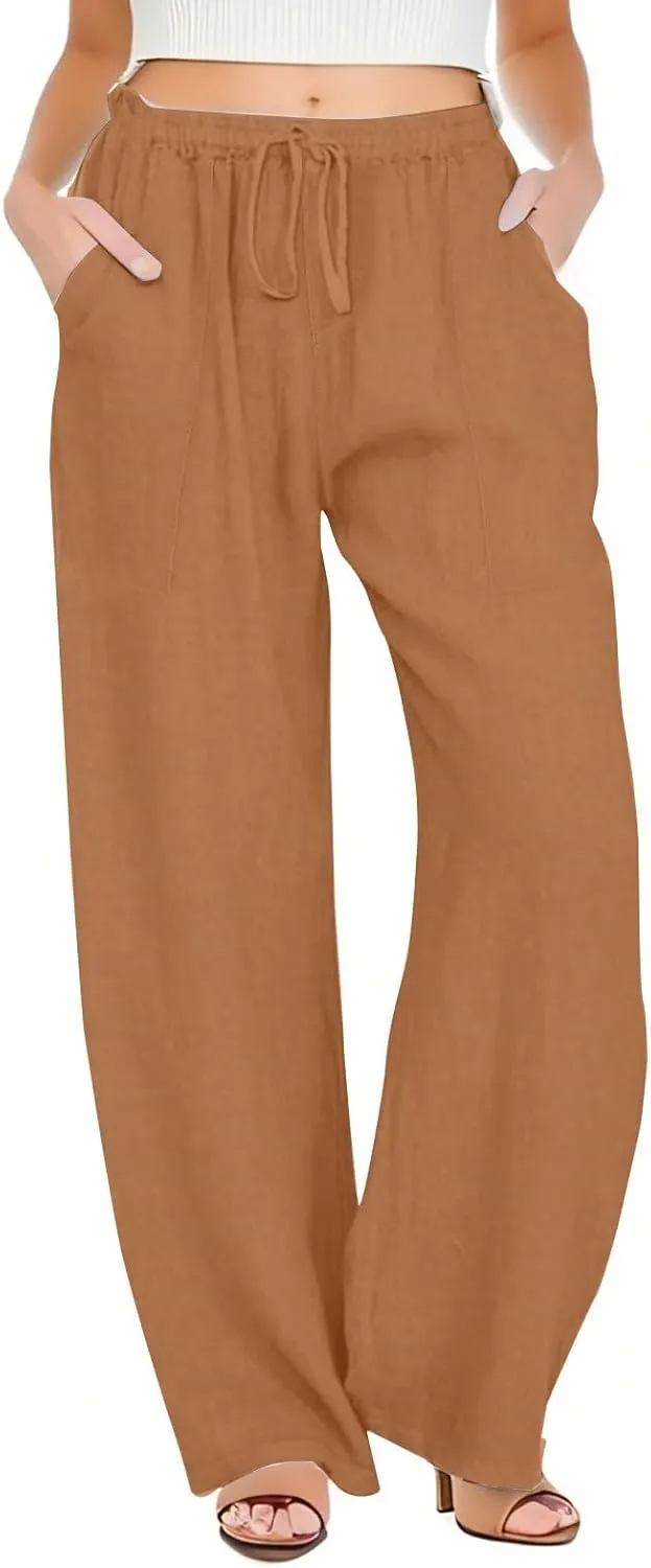 Linen Pants Women Summer High Waisted Pants Wide Leg Lounge Pants Beach Trouser Pants with Pockets