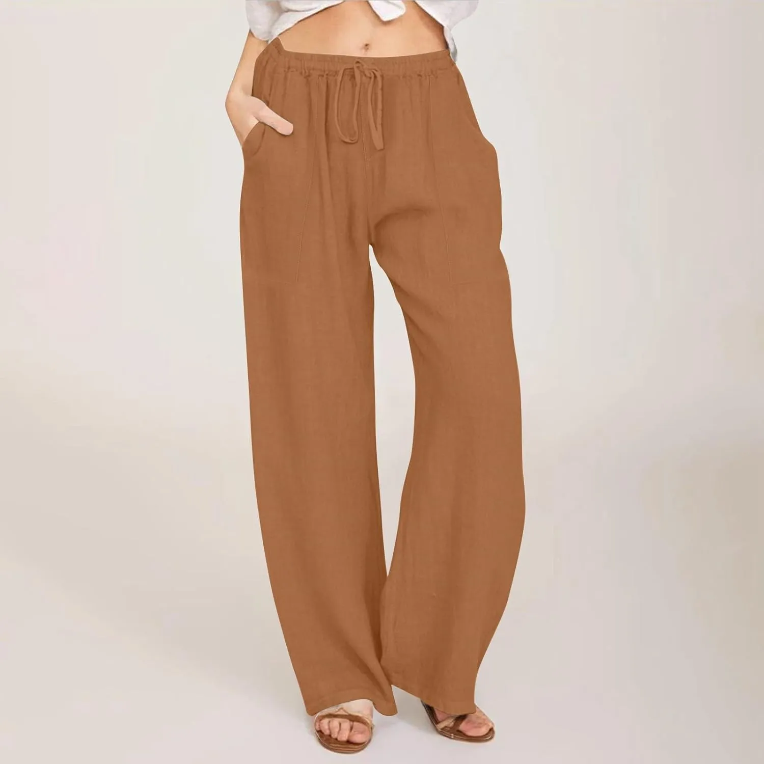 Linen Pants Women Summer High Waisted Pants Wide Leg Lounge Pants Beach Trouser Pants with Pockets