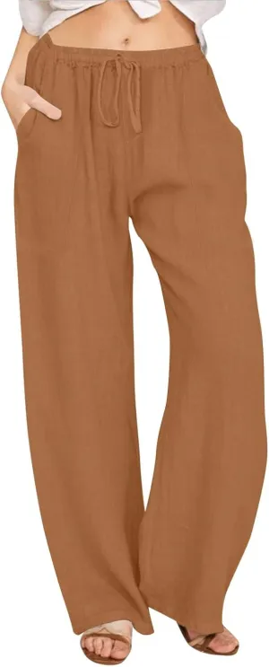 Linen Pants Women Summer High Waisted Pants Wide Leg Lounge Pants Beach Trouser Pants with Pockets
