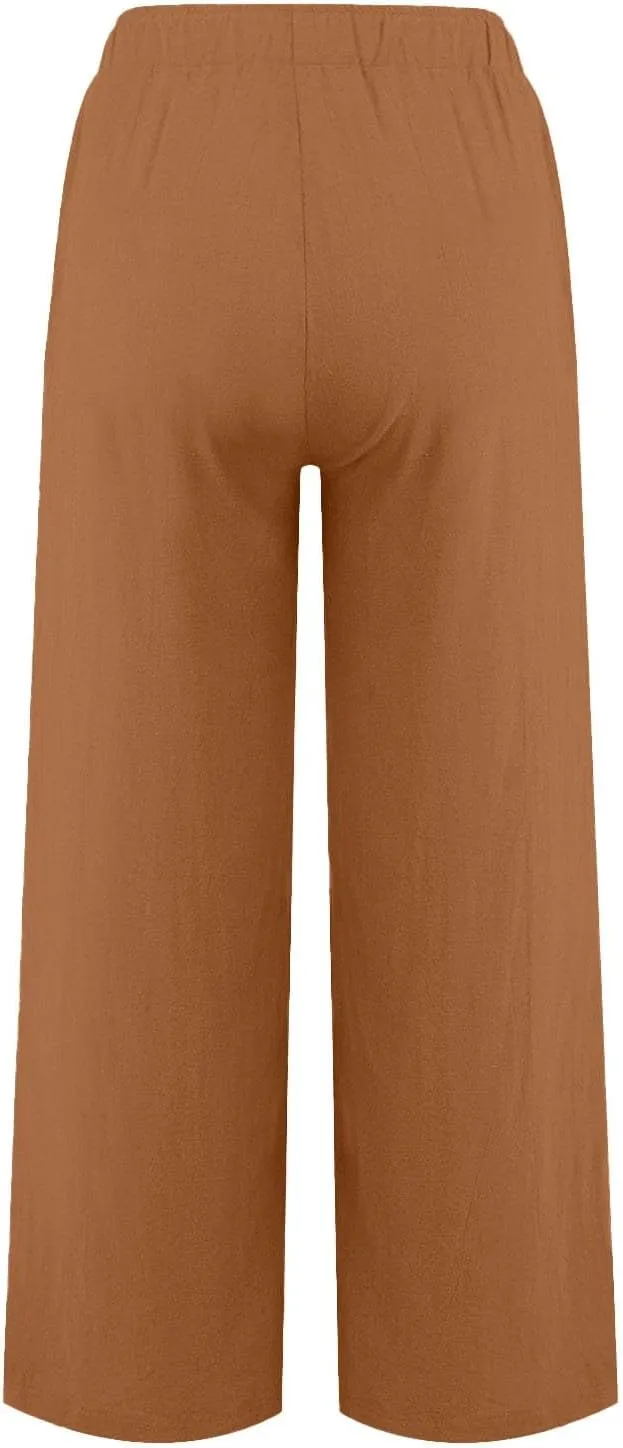 Linen Pants Women Summer High Waisted Pants Wide Leg Lounge Pants Beach Trouser Pants with Pockets