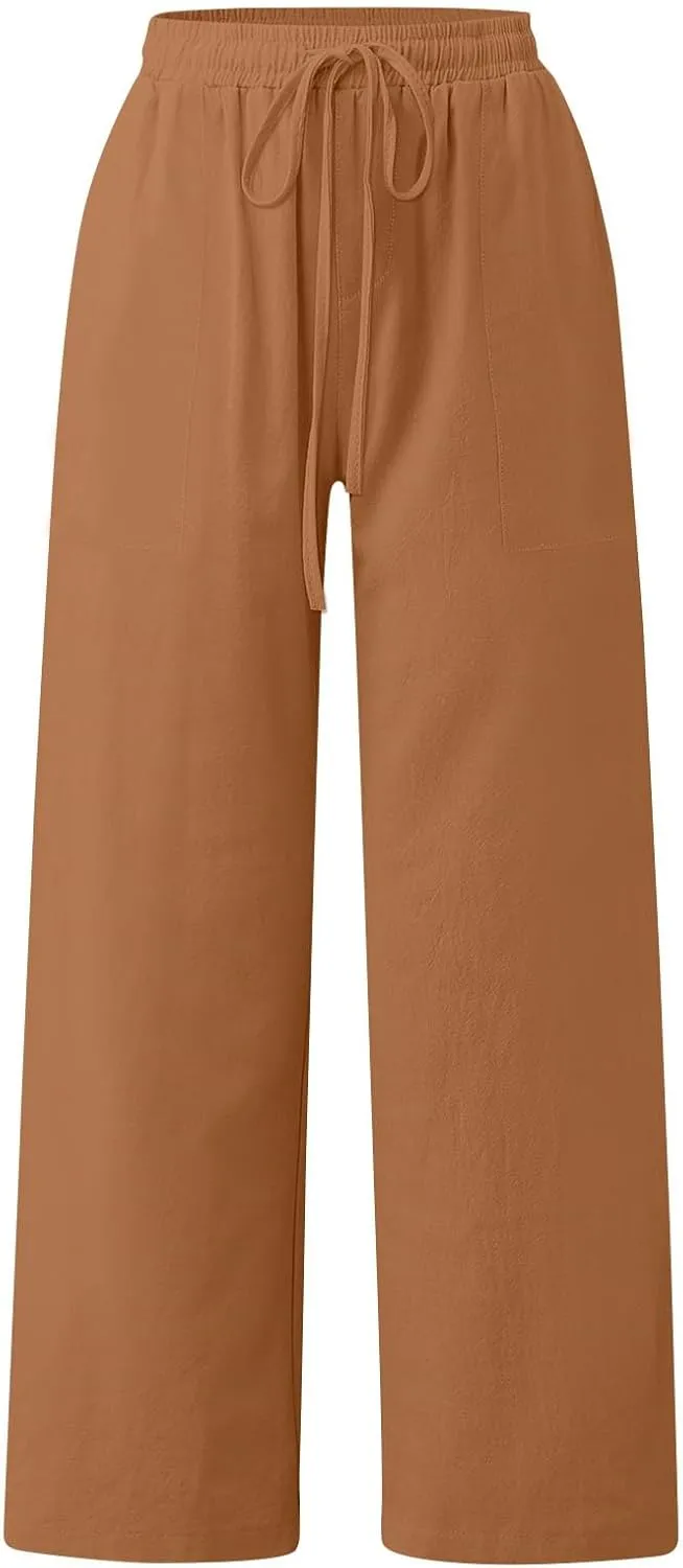 Linen Pants Women Summer High Waisted Pants Wide Leg Lounge Pants Beach Trouser Pants with Pockets