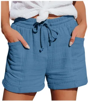Linen Shorts for Women 2024 Summer Casual Comfy Shorts Drawstring Elastic Waist Lightweight Bermuda Shorts with Pockets