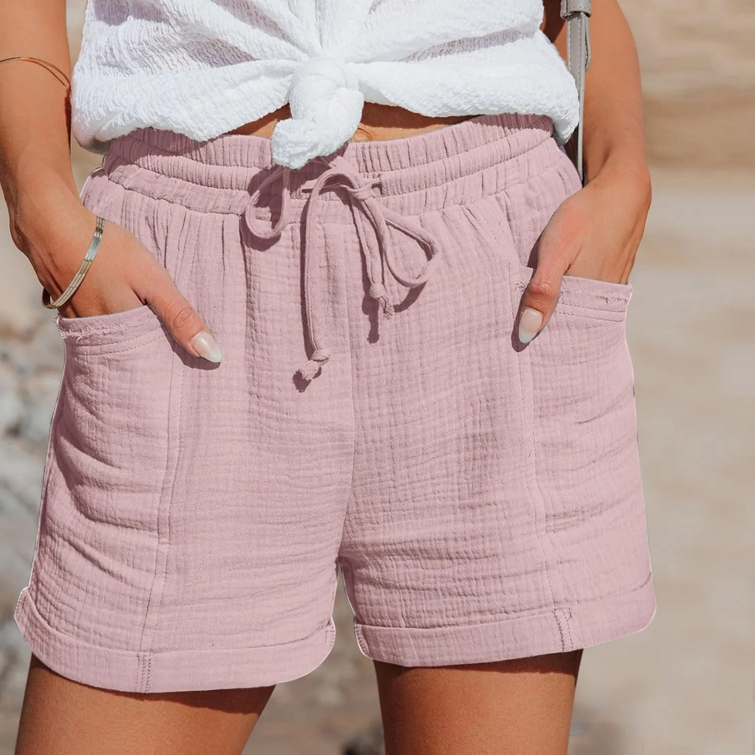 Linen Shorts for Women 2024 Summer Casual Comfy Shorts Drawstring Elastic Waist Lightweight Bermuda Shorts with Pockets
