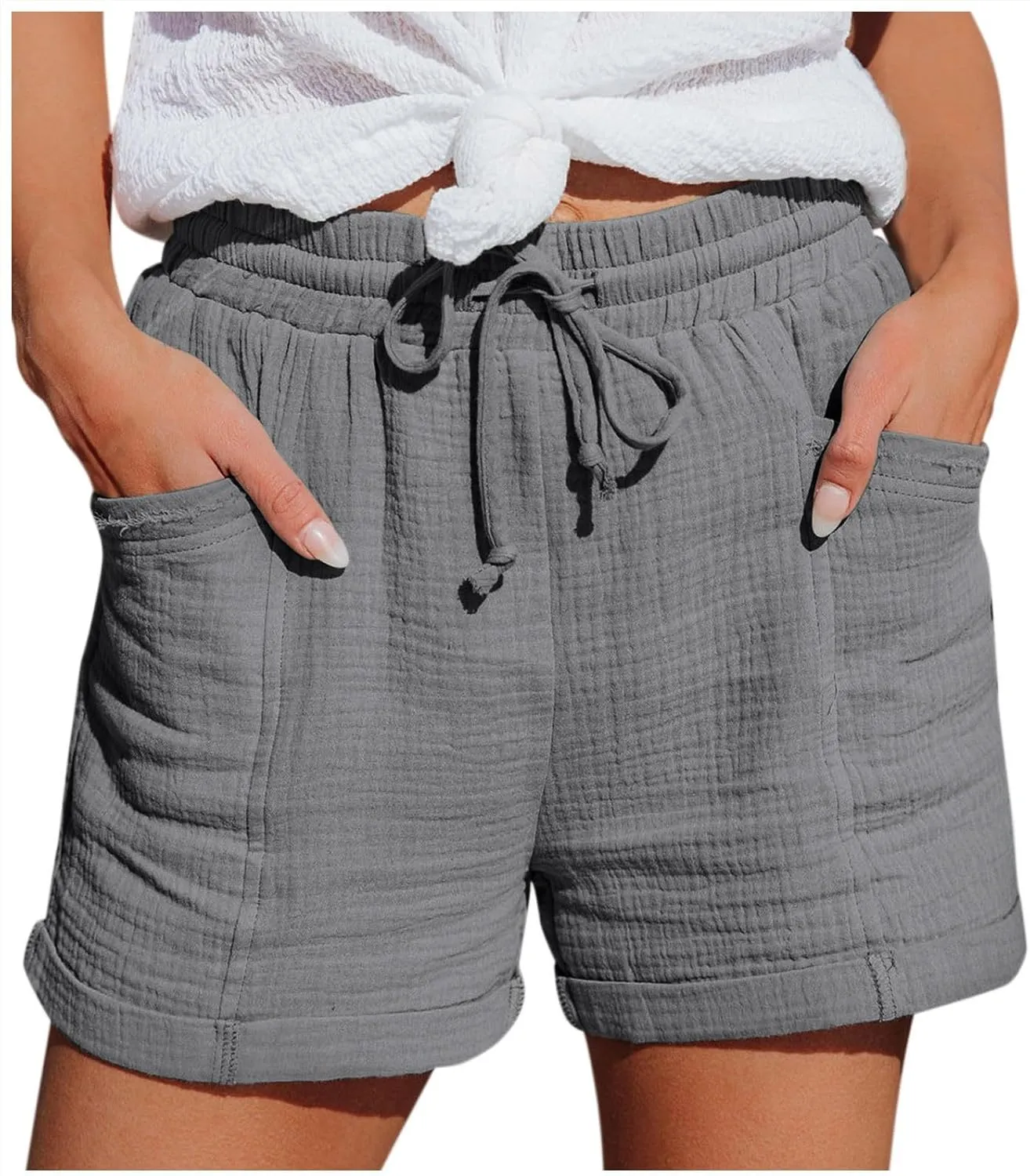 Linen Shorts for Women 2024 Summer Casual Comfy Shorts Drawstring Elastic Waist Lightweight Bermuda Shorts with Pockets