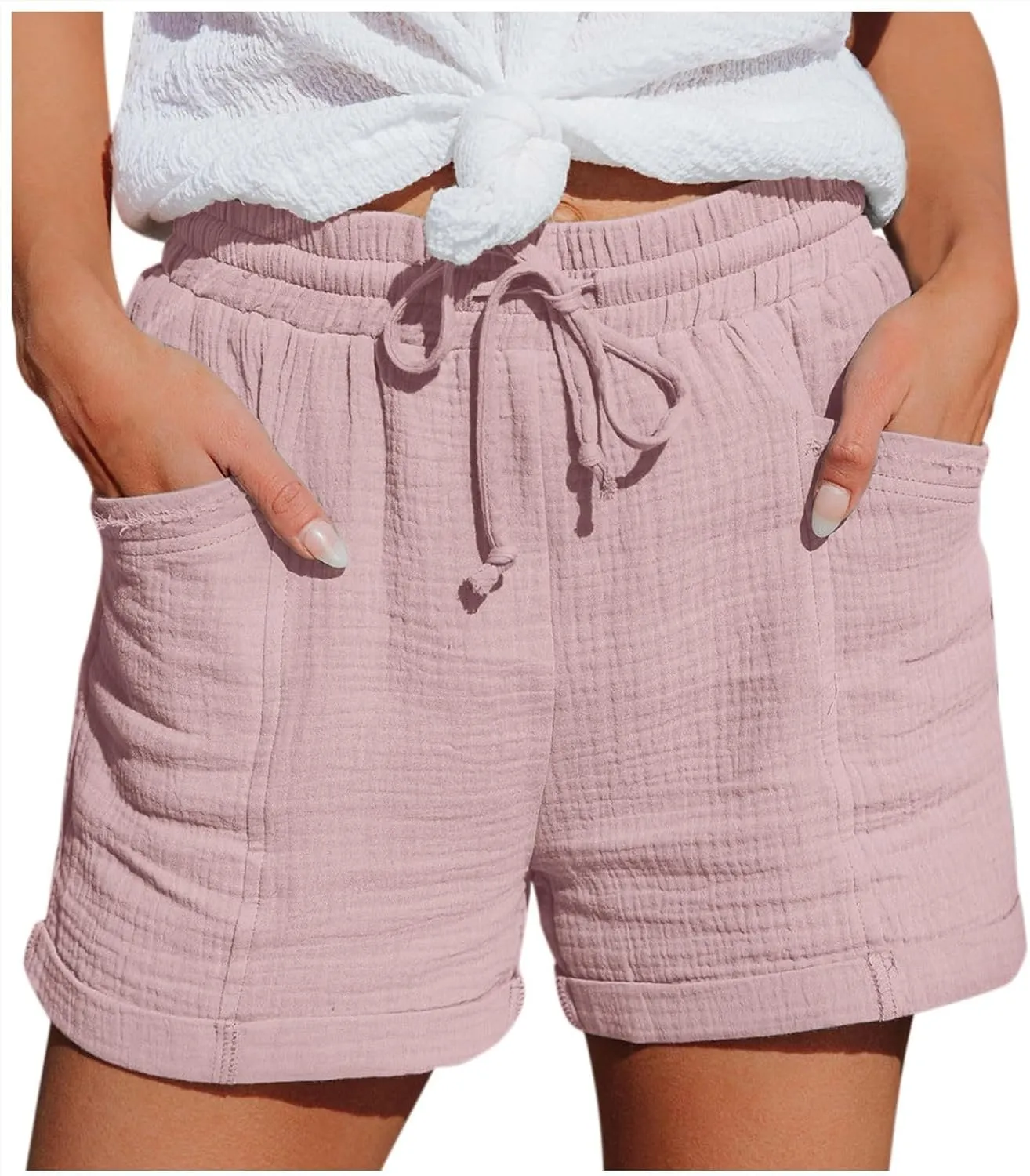 Linen Shorts for Women 2024 Summer Casual Comfy Shorts Drawstring Elastic Waist Lightweight Bermuda Shorts with Pockets