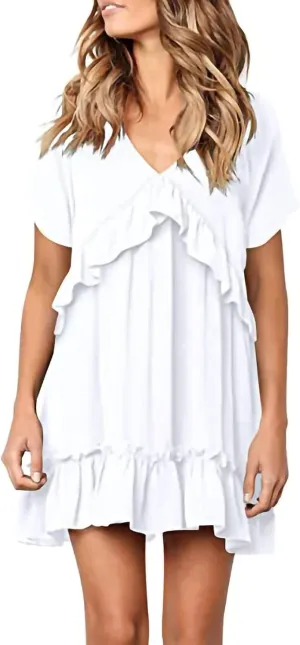 LIUguoo Womens Summer Casual Ruffle A Line V-Neck Tunic Dress Flowy Swing Shift Tiered Short Sleeve Mini Beach Party Dresses White