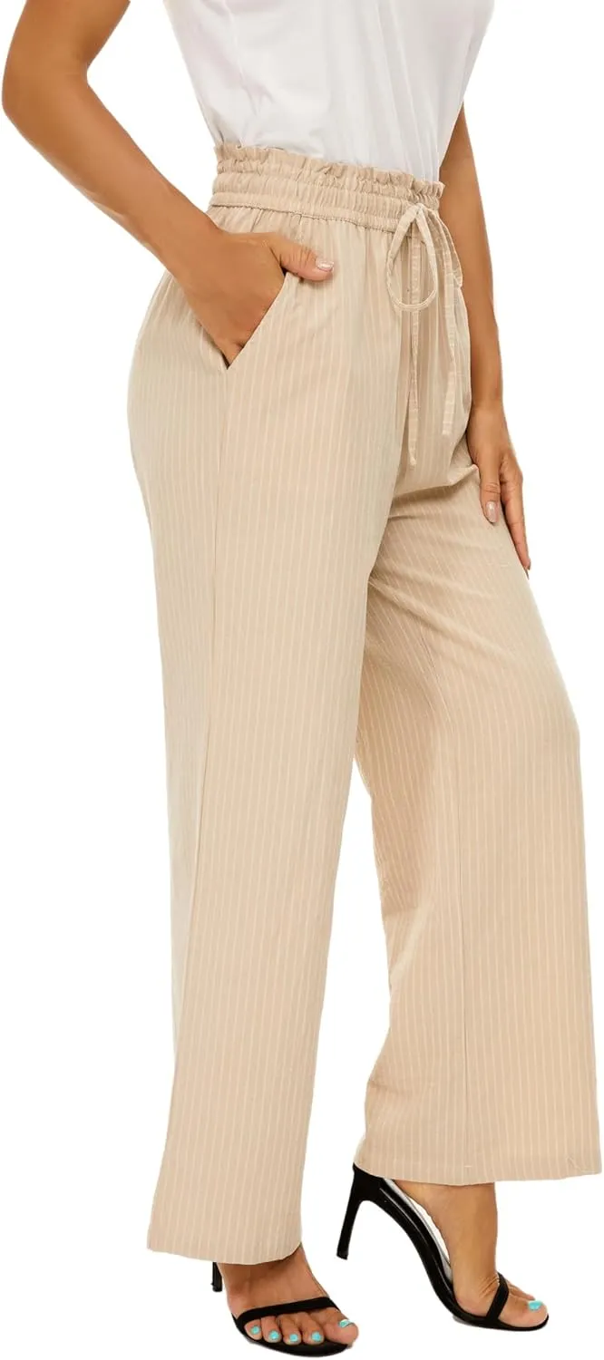 LNX Linen Pants for Women High Waisted Wide Leg Drawstring Casual Loose Pants with Pockets