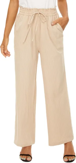 LNX Linen Pants for Women High Waisted Wide Leg Drawstring Casual Loose Pants with Pockets