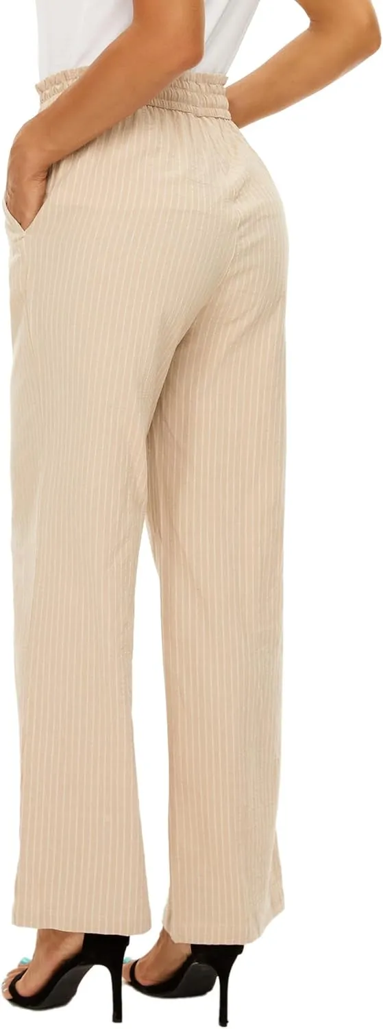LNX Linen Pants for Women High Waisted Wide Leg Drawstring Casual Loose Pants with Pockets