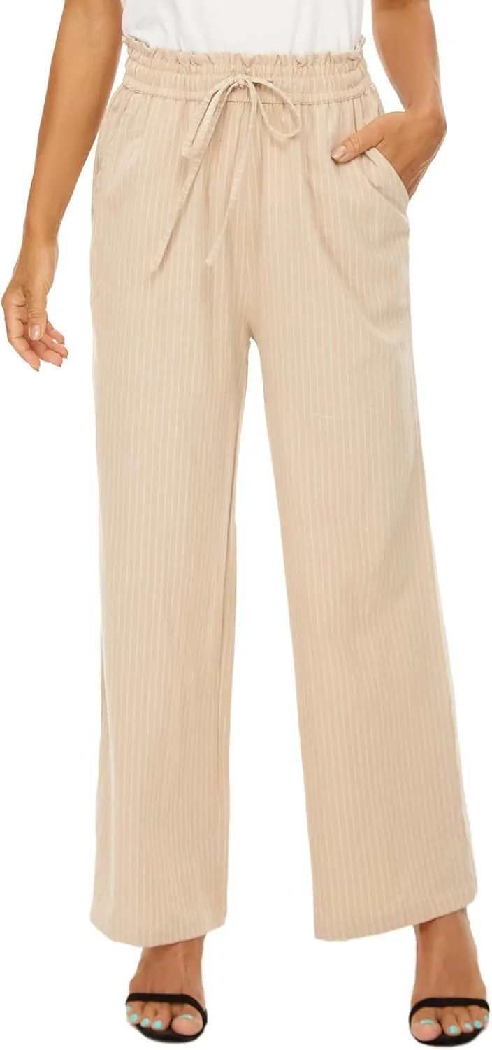 LNX Linen Pants for Women High Waisted Wide Leg Drawstring Casual Loose Pants with Pockets