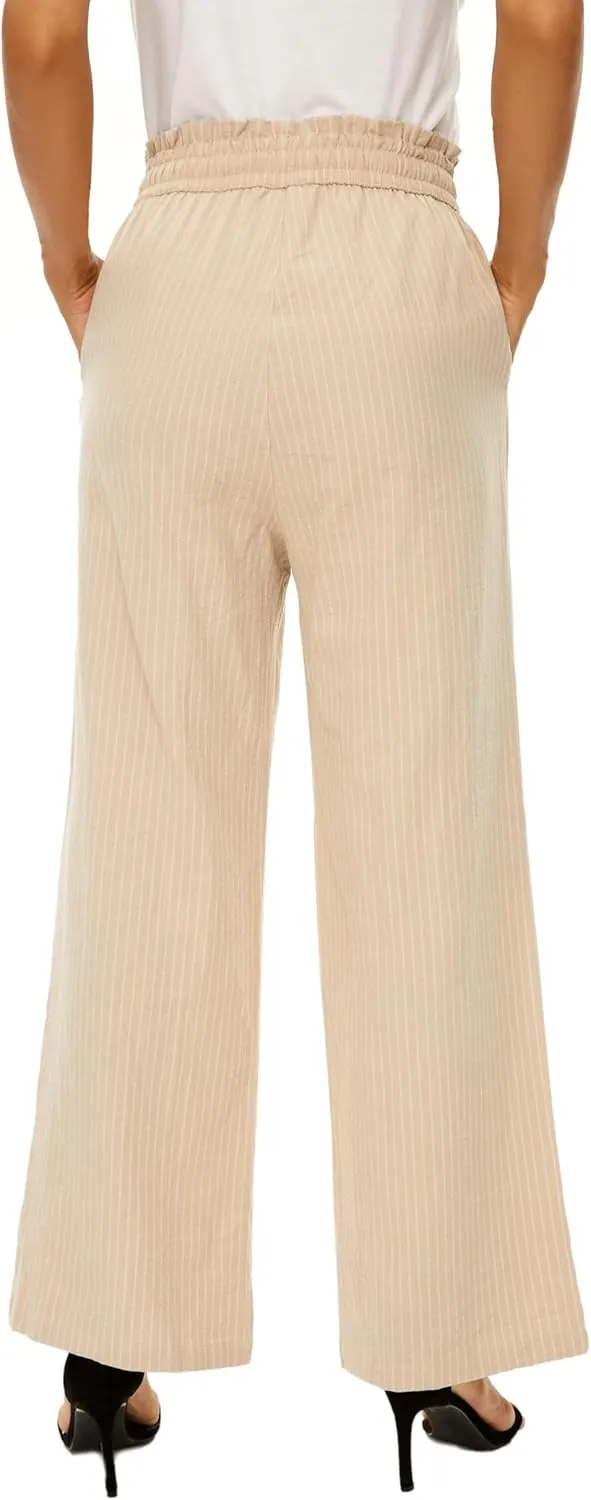 LNX Linen Pants for Women High Waisted Wide Leg Drawstring Casual Loose Pants with Pockets