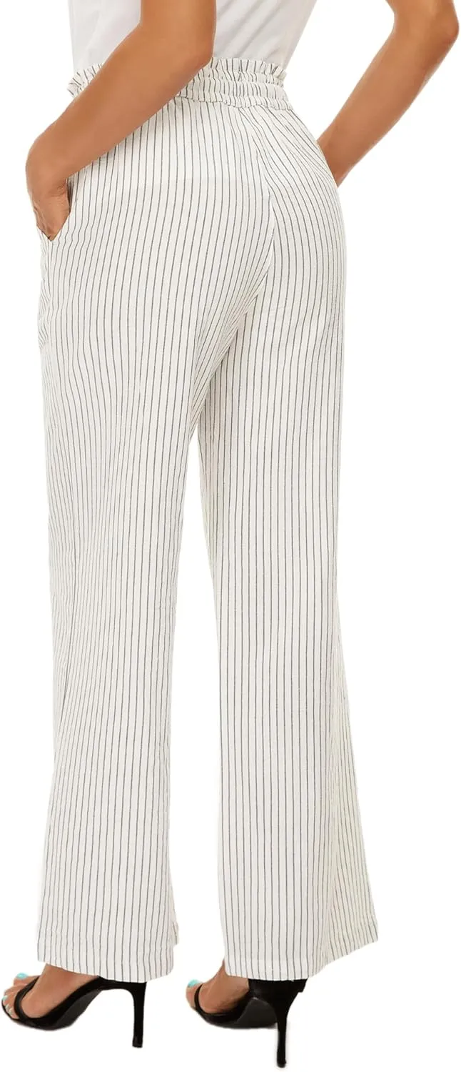 LNX Linen Pants for Women High Waisted Wide Leg Drawstring Casual Loose Pants with Pockets