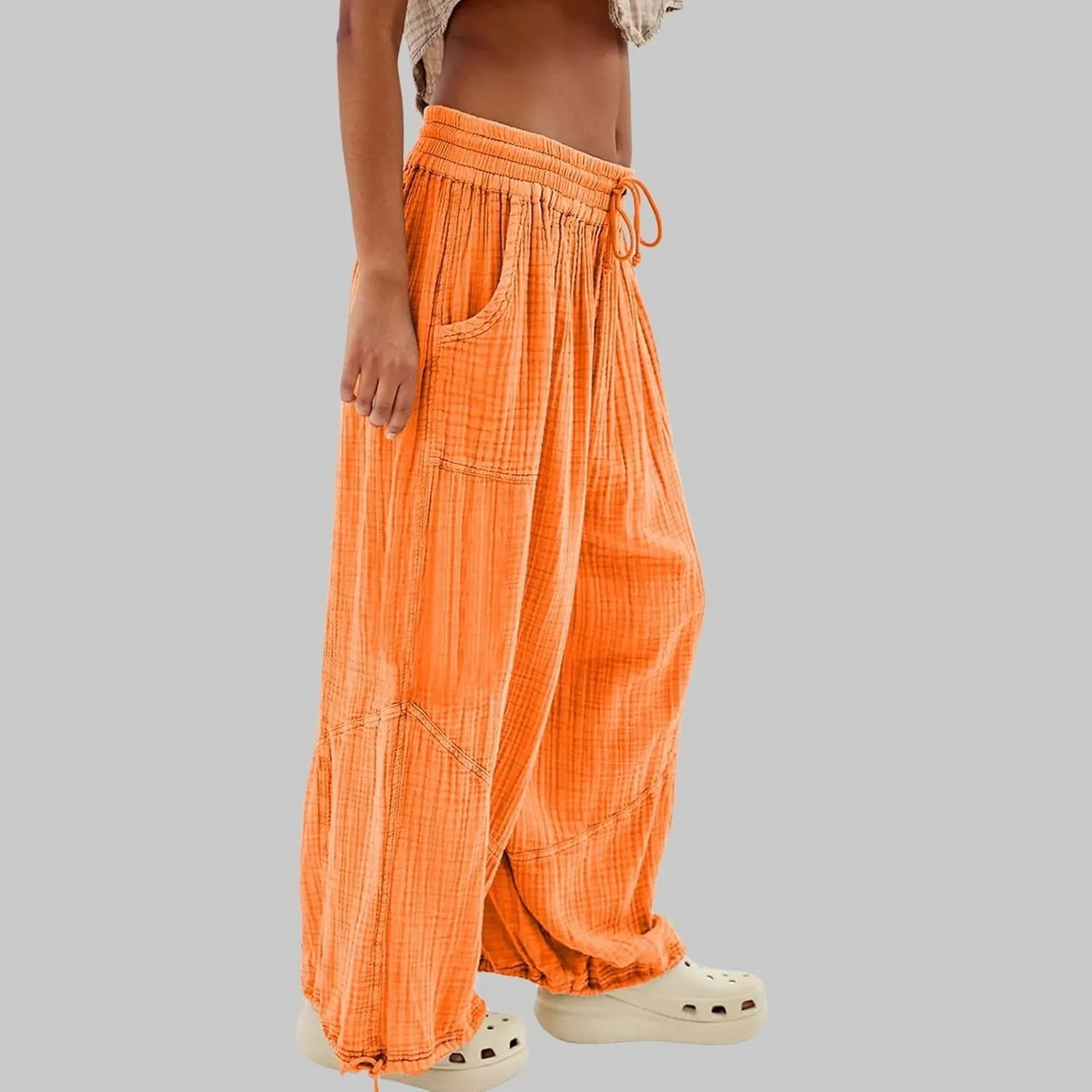 LOAIHA Women's Wide Leg Baggy Pants Drawstring Elastic Waist Harem Pants Casual Palazzo Lounge Trousers with Pockets