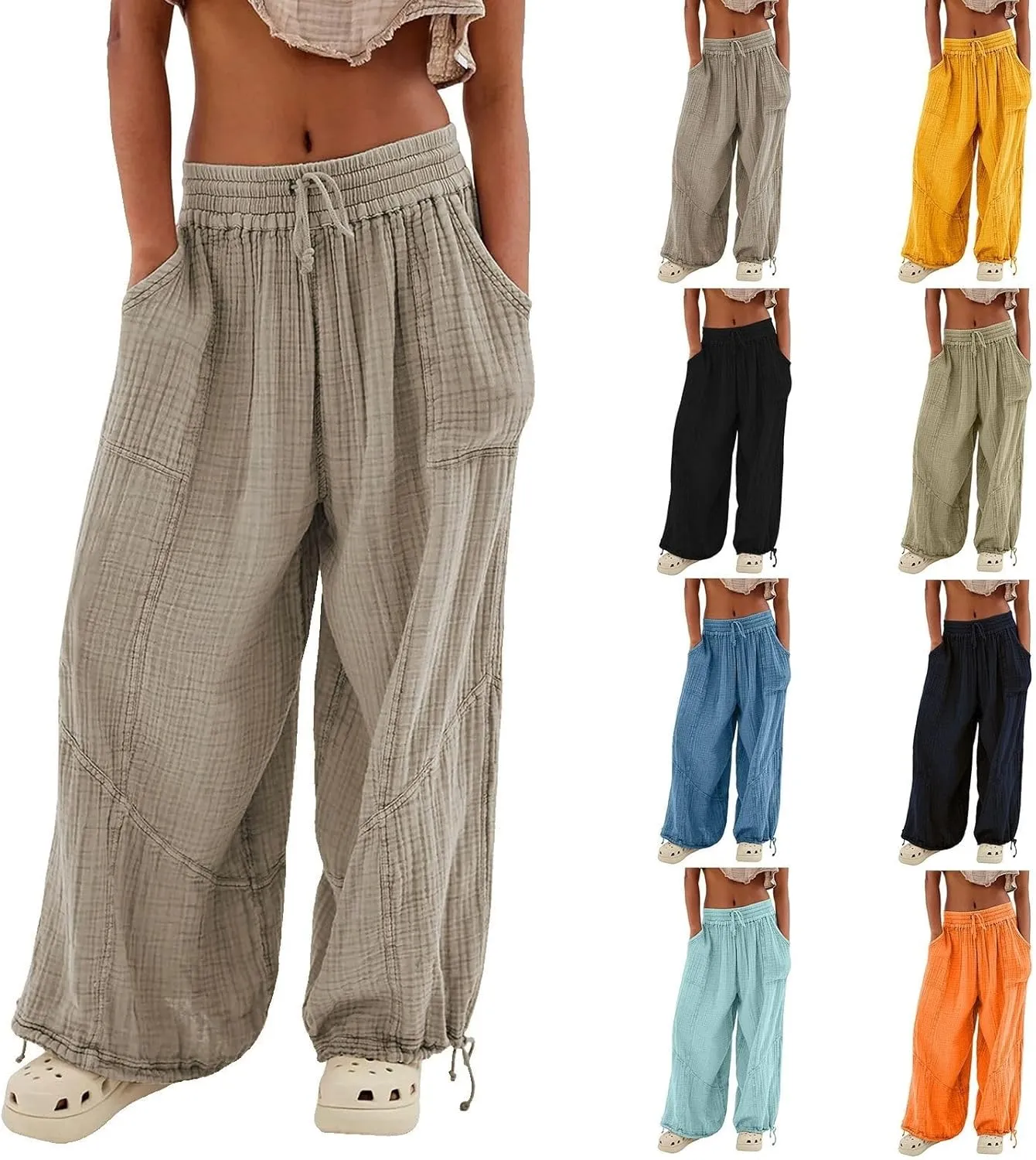 LOAIHA Women's Wide Leg Baggy Pants Drawstring Elastic Waist Harem Pants Casual Palazzo Lounge Trousers with Pockets
