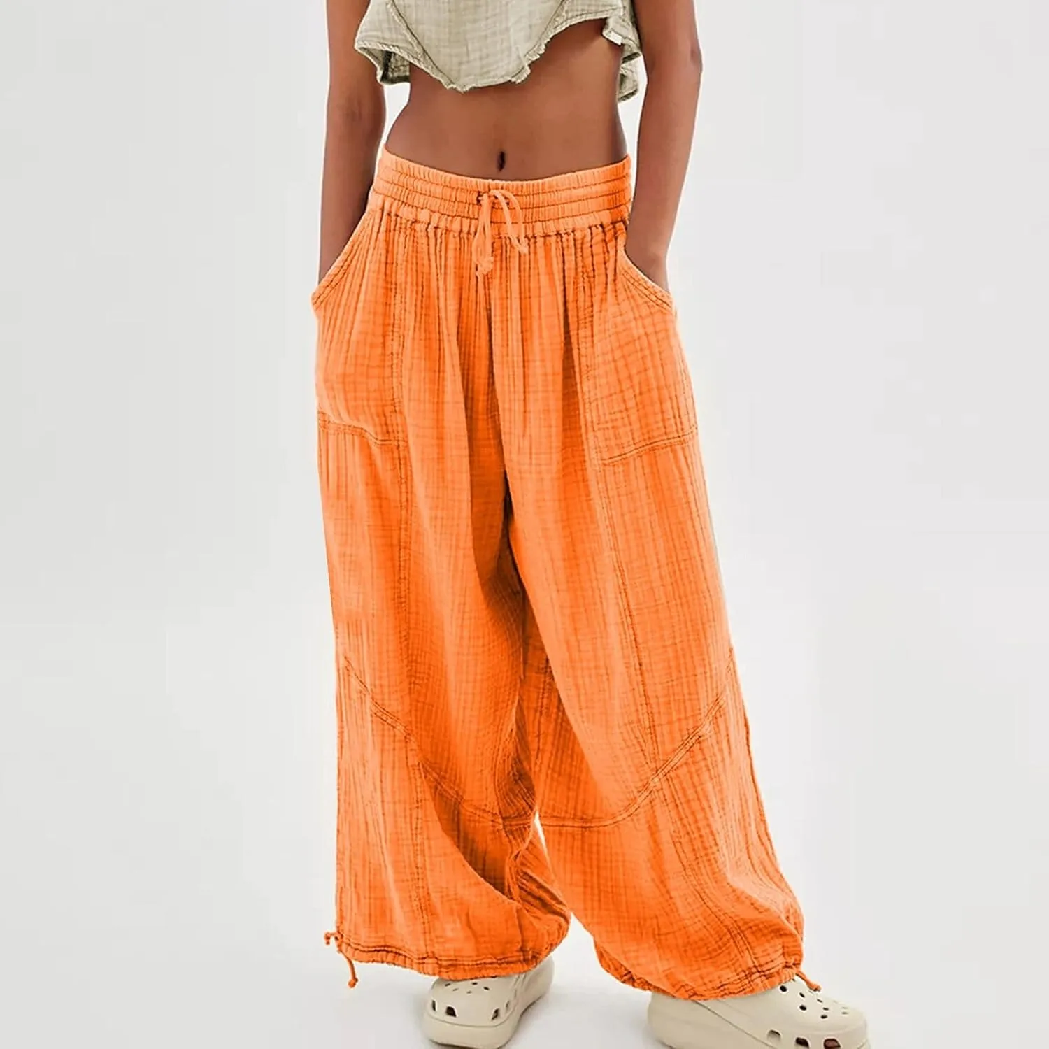LOAIHA Women's Wide Leg Baggy Pants Drawstring Elastic Waist Harem Pants Casual Palazzo Lounge Trousers with Pockets