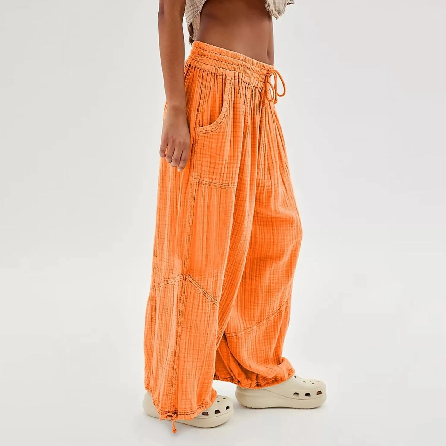 LOAIHA Women's Wide Leg Baggy Pants Drawstring Elastic Waist Harem Pants Casual Palazzo Lounge Trousers with Pockets
