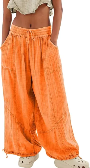 LOAIHA Women's Wide Leg Baggy Pants Drawstring Elastic Waist Harem Pants Casual Palazzo Lounge Trousers with Pockets