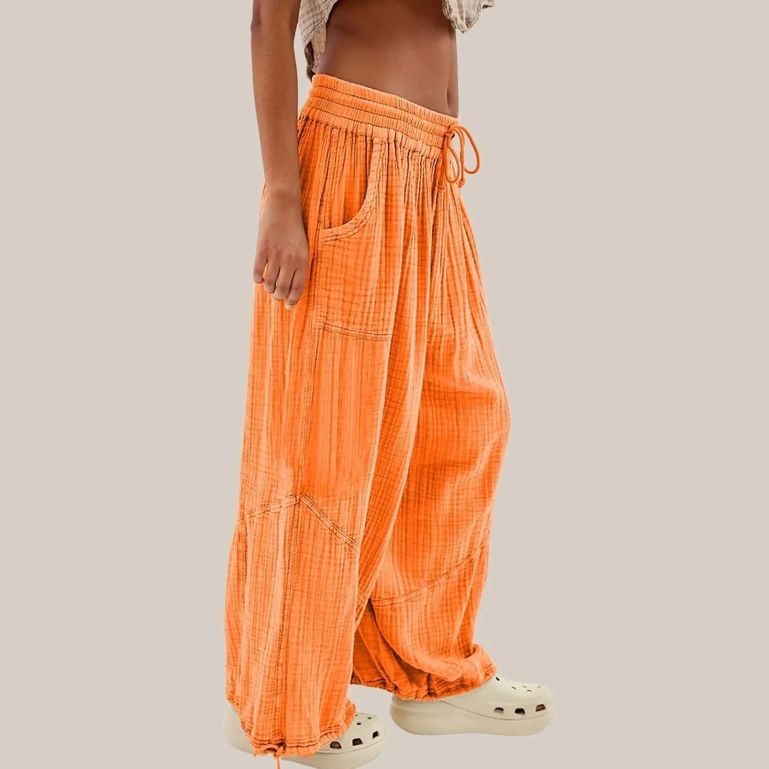 LOAIHA Women's Wide Leg Baggy Pants Drawstring Elastic Waist Harem Pants Casual Palazzo Lounge Trousers with Pockets