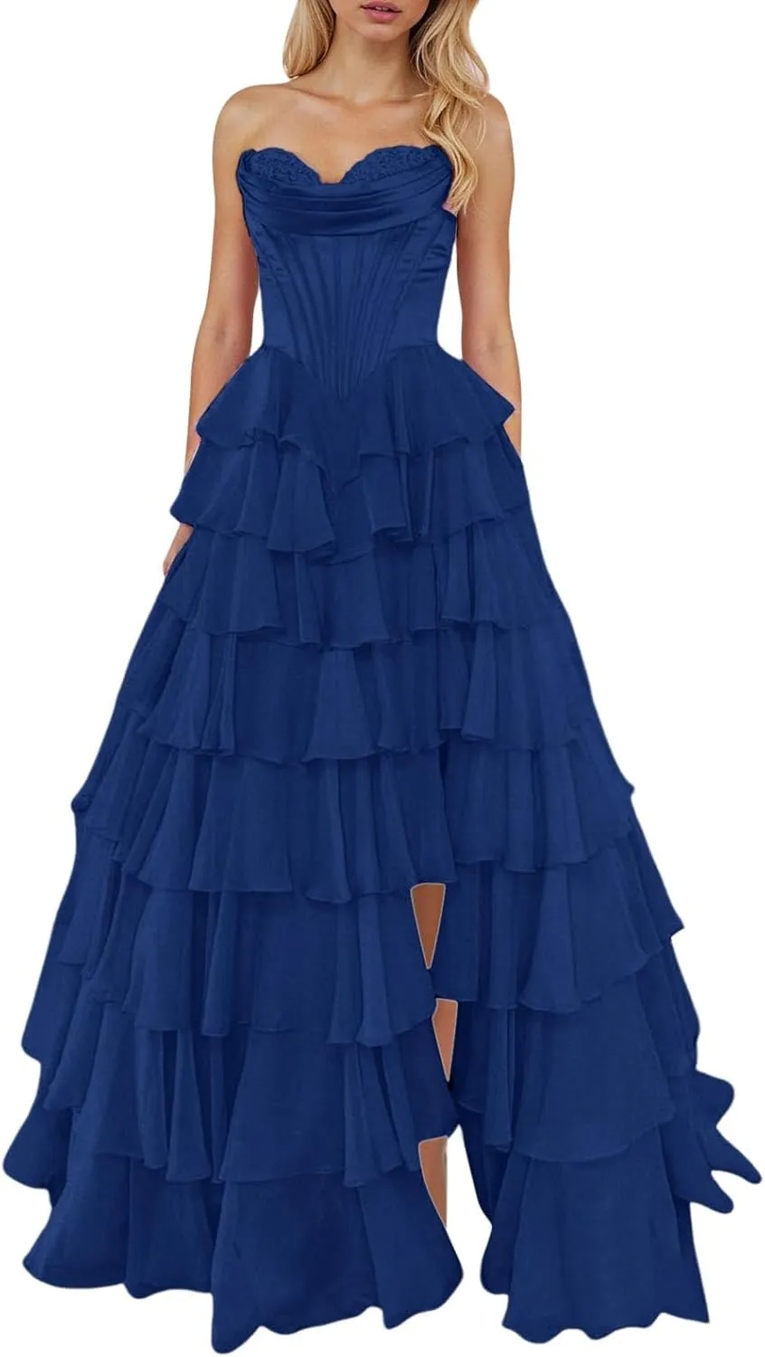 Long Formal Dresses for Women Corset Tiered 2025 Chiffon Strapless Ruffle Prom Dress A-Line Slit Evening Party Gown