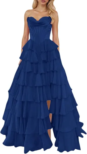 Long Formal Dresses for Women Corset Tiered 2025 Chiffon Strapless Ruffle Prom Dress A-Line Slit Evening Party Gown