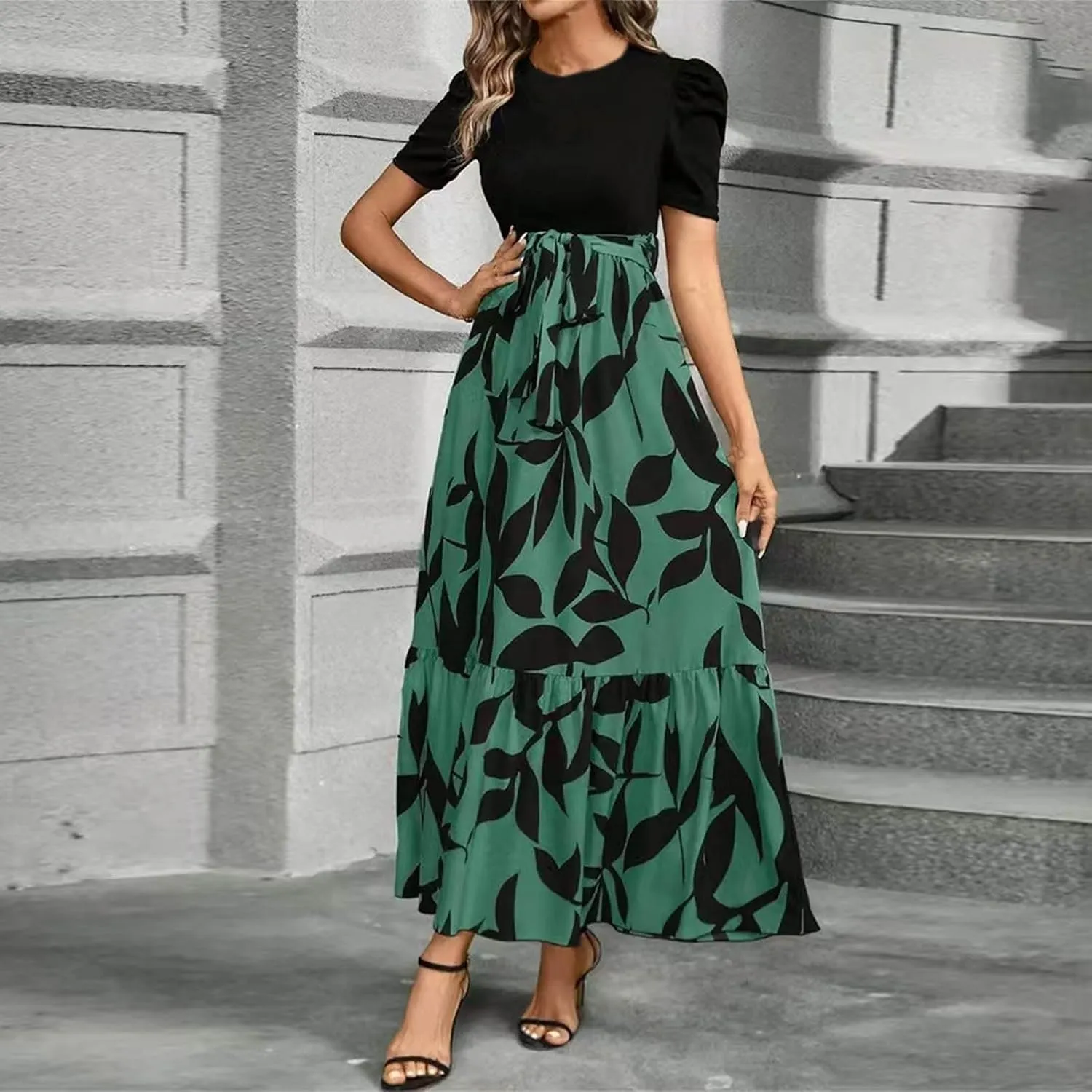 Long Summer Dresses for Women 2025 Cute Puff Sleeve Spring Floral Dresses Patchwork a Line Boho Maxi Dress with Belt