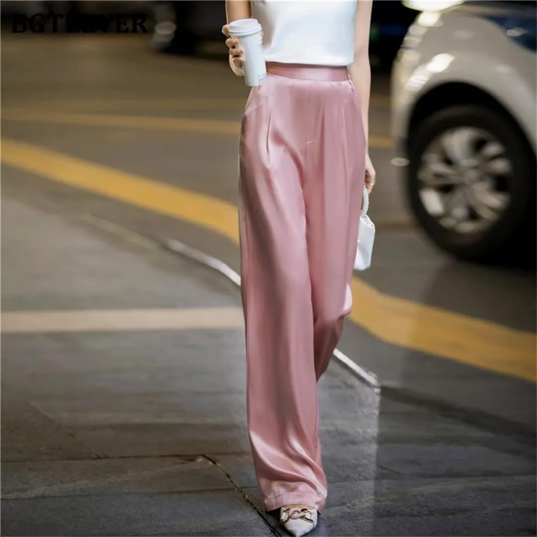 Loose High Waist Satin Pants for Women Long Pants Wide Leg Trousers
