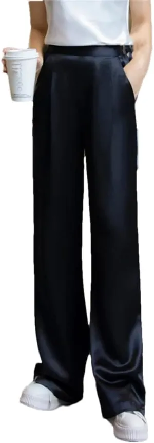 Loose High Waist Satin Pants for Women Long Pants Wide Leg Trousers