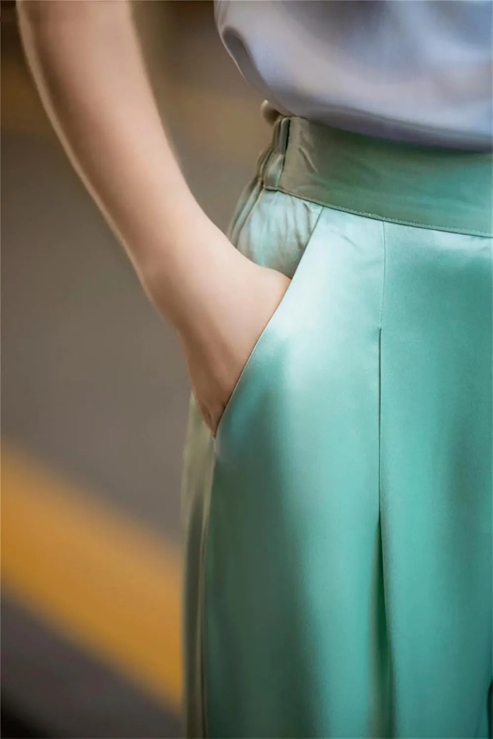 Loose High Waist Satin Pants for Women Long Pants Wide Leg Trousers
